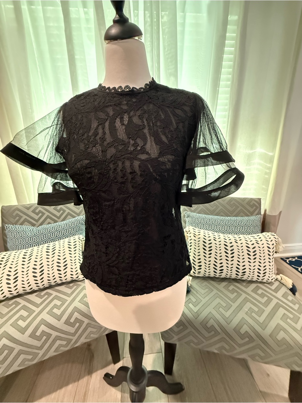 Ina Black Lace Sheer Flutter-Sleeve Top